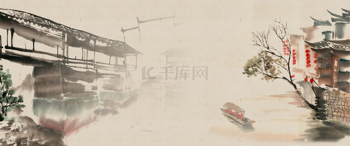 古风山水素材背景图片_水乡古风墨迹扇子背景banner