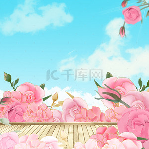 蓝天白云粉色玫瑰花丛地板唯美背景素材