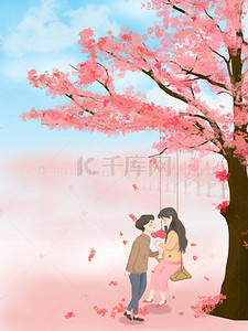 樱花背景图片_手绘樱花树下荡秋千情侣背景