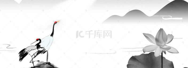 水墨动物背景图片_中国风白鹤与荷花背景素材