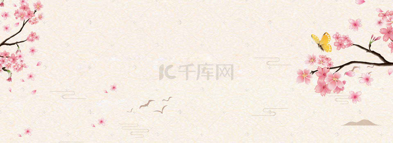 日本樱花背景图片_卡通扁平手绘日本樱花旅游复古背景素材