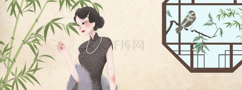 复古中式旗袍竹子海报背景