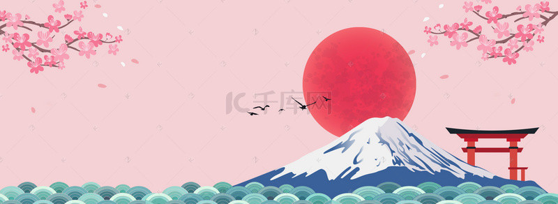 日本旅游樱花背景图片_日系富士山电商旅游海报