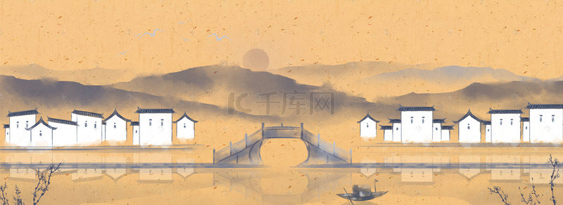 中国风水墨简约河边复古宣纸背景