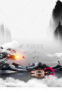 中国风复古房地产背景图片_高端典雅水墨古风房地产海报背景