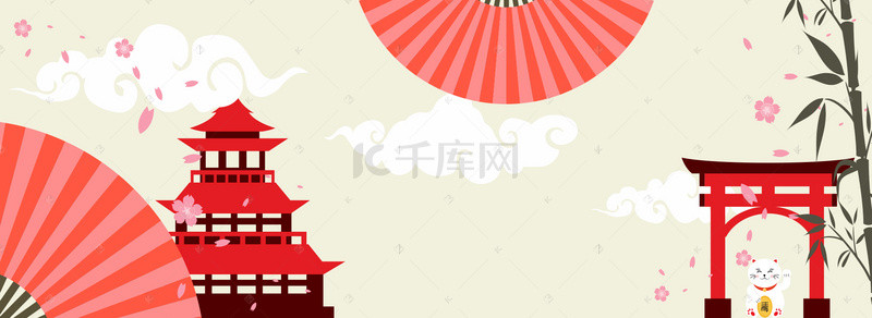 日式樱花背景图片_和风日式红色扇子屋宇门亭简约扁平背景