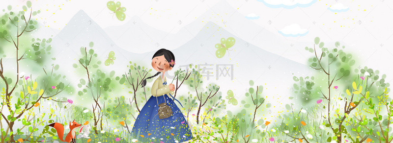 带围巾的狐狸背景图片_童话风春天花草丛里的韩服少女