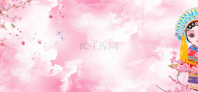 小清新背景图片_创意桃花节文艺京剧脸谱鸟粉banner