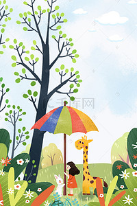 童话森林背景图片_春天童话风孩子和小鹿