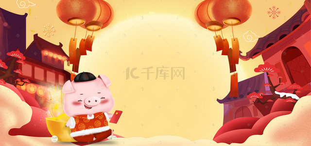 喜庆春节首页背景图片_年货节喜庆中国风街景卡通banner