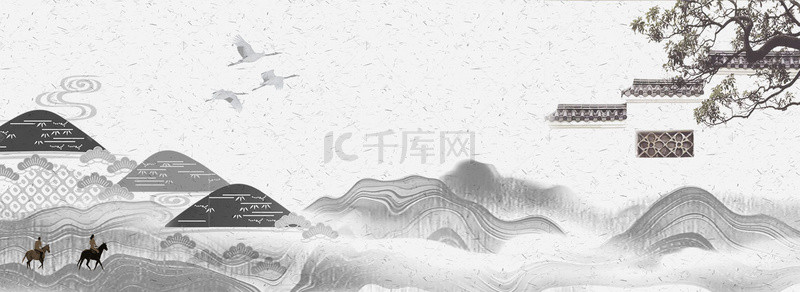 黑白简约背景图片_黑白简约新中式山水庭院背景