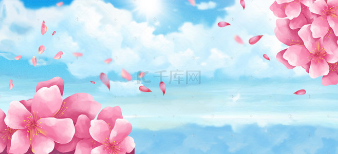 春季清新蓝粉色背景图片_樱花节阳光景色蓝天阳光蓝banner