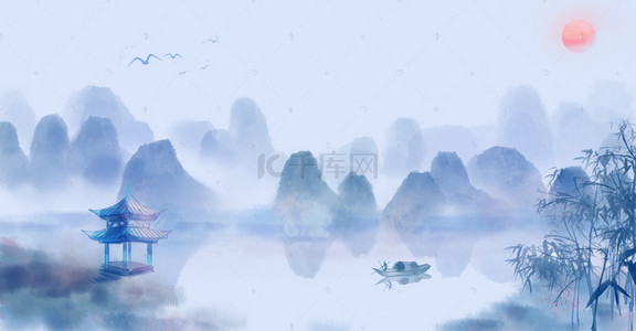 中国抗战背景图片_水墨山水湖中小亭渔船中国风海报