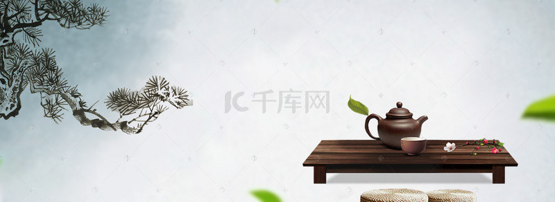 茶道茶具背景图片_青花瓷茶具文艺青色banner