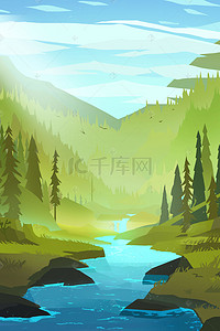 蓝色免抠图背景图片_卡通绿色大森林免抠图