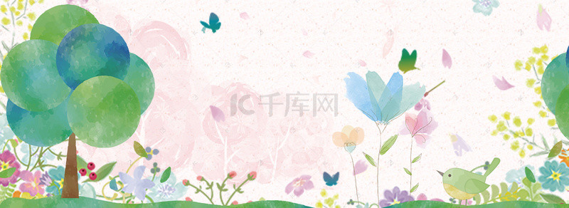 绿色背景背景图片_插画春天花儿和小鸟