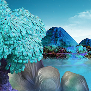 背景图片_蓝色手绘新中式夏季山水湖泊背景