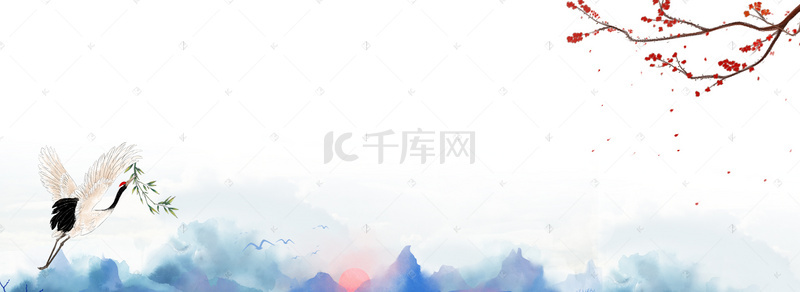 仙鹤banner背景图片_古风中国山水白色背景banner