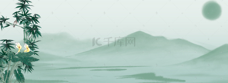 山水画背景图片_绿色中国风写意山水画背景素材