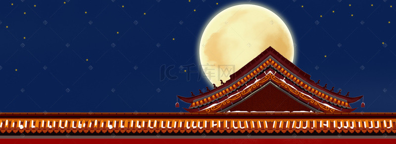 中秋节月亮素材背景图片_中国风屋顶月亮蓝色背景素材