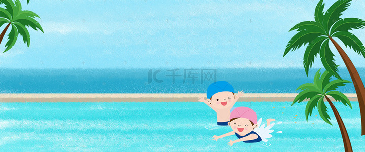 夏至海边背景图片_夏日游泳海边沙滩蓝天白云