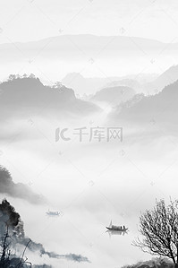 简约合成背景背景图片_大气简约水墨山水古风泛舟背景图