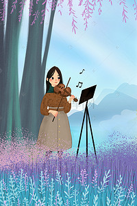 文艺手绘拉提琴的少女花卉背景