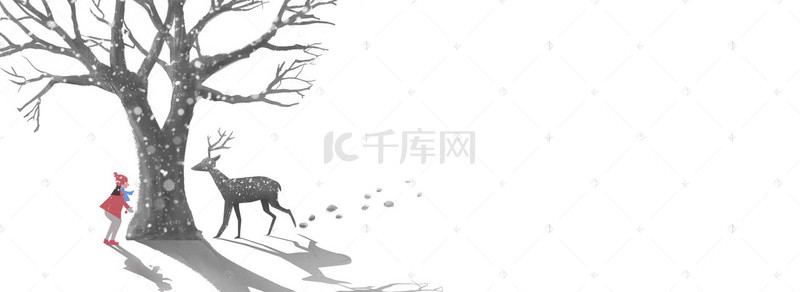 小树林手绘背景图片_卡通雪景红帽子小女孩梦幻背景