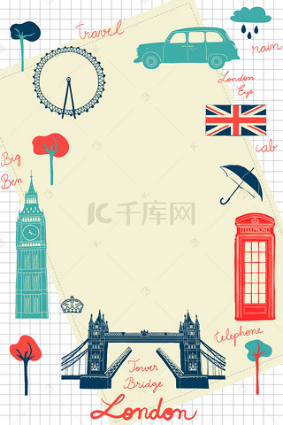 手账风英国伦敦游出国游卡通拼贴海报