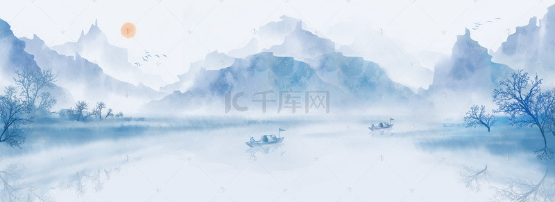 中国元素背景图片_中国风江面山水画背景