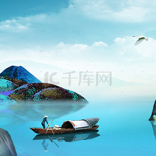 背景图片_蓝色手绘新中式夏季山水湖泊背景