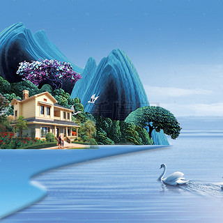 中式背景背景图片_蓝色手绘新中式回归自然夏季海滩背景