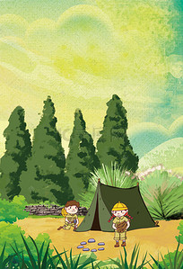 绿色卡通人物野外训练营海报