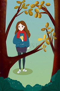 卡通手绘文艺女孩背景图片_秋天的树林女孩服装上新背景海报