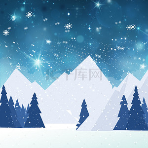飘雪素材背景图片_蓝色渐变雪景飘雪冬季树木背景素材