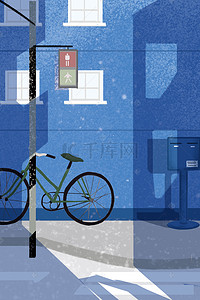 蓝色小区街道手绘背景图