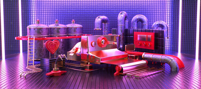 C4D立体朋克风霓虹迷幻机械工厂背景