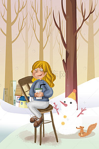 雪人女孩背景图片_十一月你好女孩雪人松鼠在雪地手绘创意海报