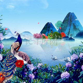 蓝色唯美新中式远山花卉孔雀背景