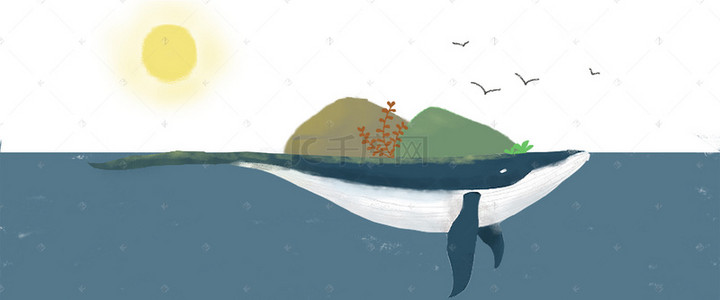 手绘鲸鱼与自然背景