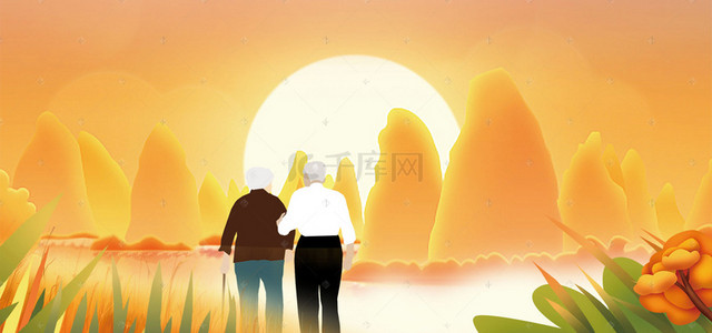 老年夫妇散步背景图片_夕阳无限好关爱老人高清背景
