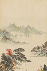 古典山水风背景图片_复古水墨山水工笔画海报