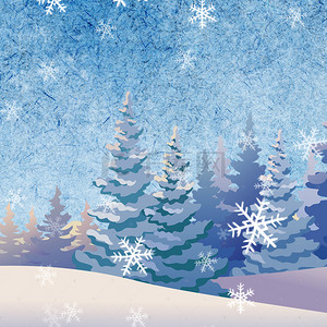 冬季背景图片_蓝色冬季雪景雪花树木背景素材