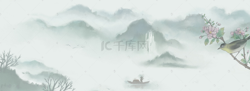 中国风房屋素材背景图片_清明水墨渐变中国风灰banner