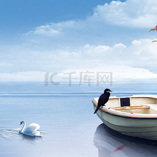 背景图片_蓝色手绘新中式回归自然夏季海滩背景