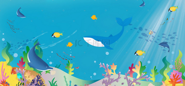 鱼群背景图片_清新海底世界唯美卡通风banner图