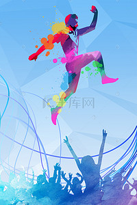 蓝色水彩风春季运动会喷溅运动员剪影背景