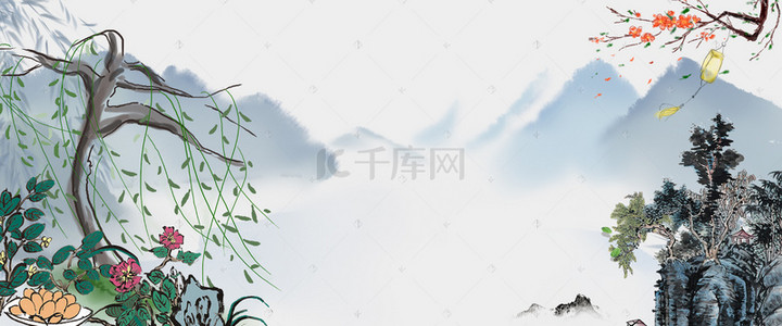 蓝色背景梅花背景图片_复古风山水蓝色文艺海报banner背景