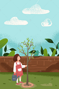 植树节插画背景图片_三月植树节女孩公益插画海报