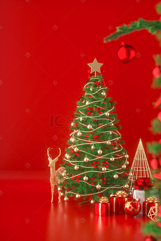 促销海报背景图片_C4D立体圣金红圣诞电商促销海报圣诞树